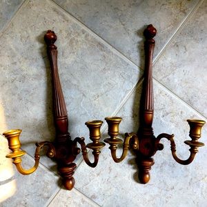 Vintage pair 15 inch syroco wood wall sconces